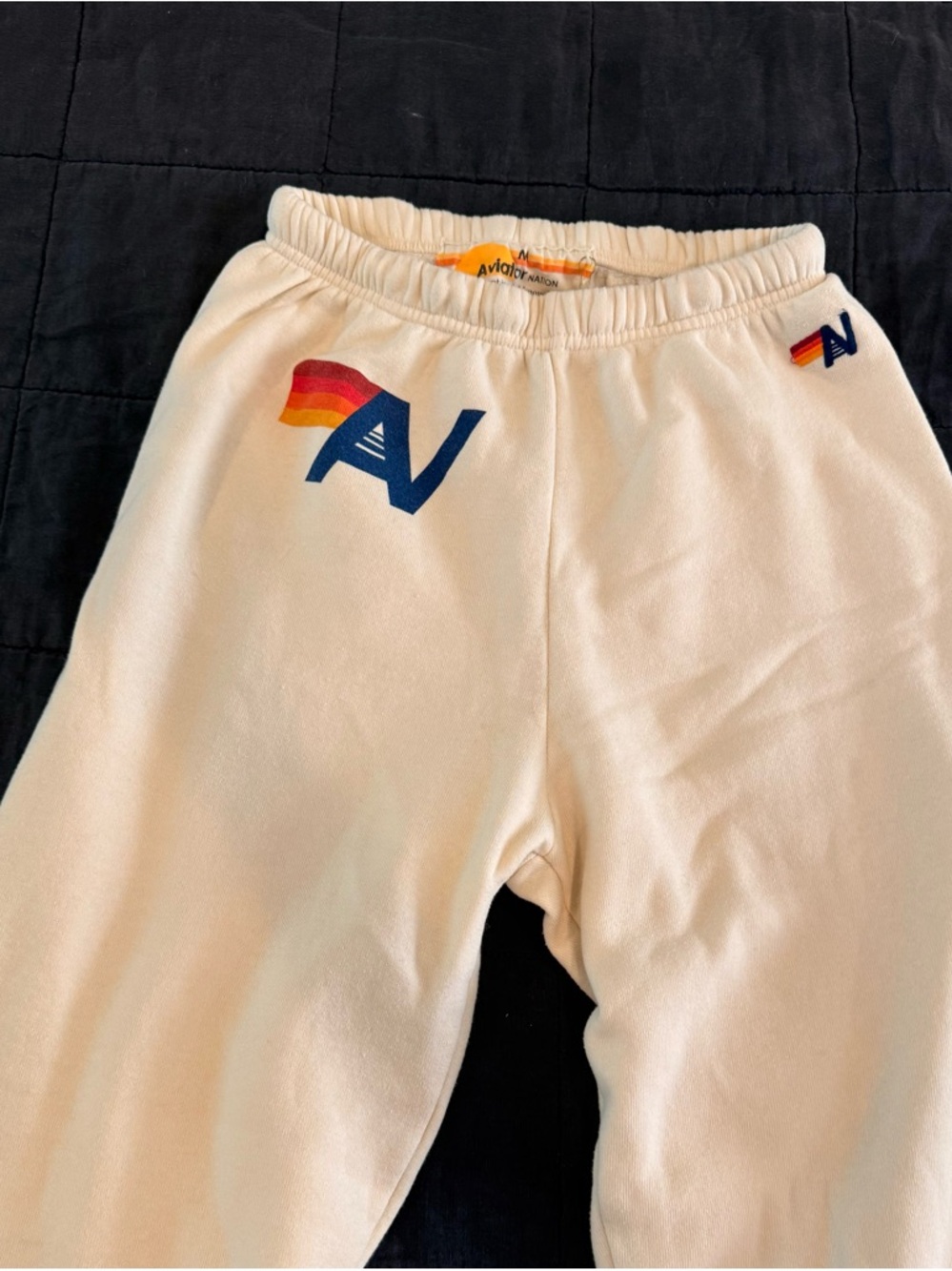 Aviator Nation Cream Sweatpants with Navy AV and Rainbow Accents